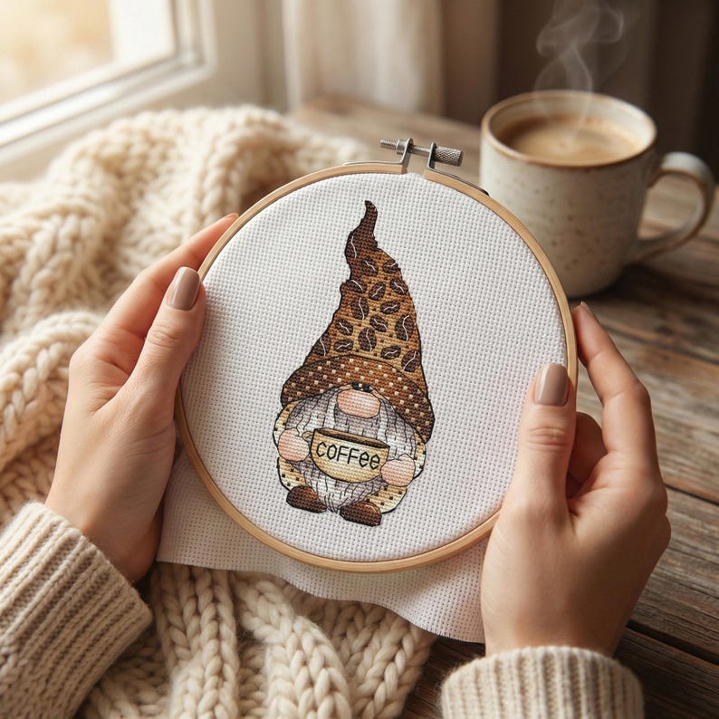 Coffee Lover Gnome Cross Stitch, Coffee Beans Hat Hand Embroidery, Coffee Lover Gift Tapestry, Digital File, Instant Download PDF Pattern image 4