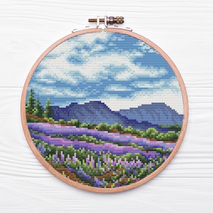 Landscape Cross Stitch PDF, Lavender Field Hoop Embroidery Art, Mountain Cross Stitch Pattern, Nature Cross Stitch, Flowers Home Decor