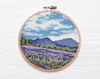 Lavender Field Cross Stitch Pattern: Mountain Landscape Embroidery (PDF)