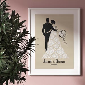 May include: A black and white silhouette of a bride and groom standing together. The bride's dress is decorated with white flowers. The text "Jacob & Olivia 03.11.2024" is printed below the couple.