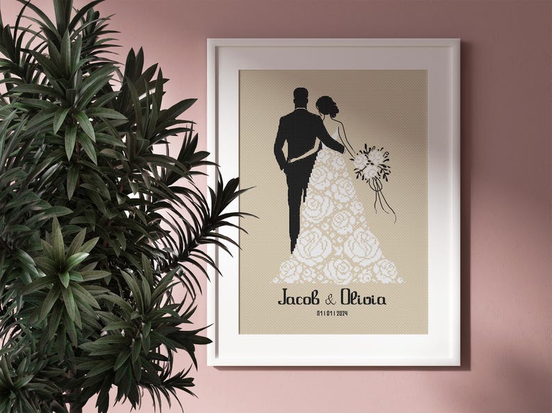 May include: A black and white silhouette of a bride and groom standing together. The bride's dress is decorated with white flowers. The text "Jacob & Olivia 03.11.2024" is printed below the couple.