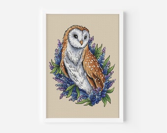 Owl Nestled Among Hyacinths Cross Stitch Pattern PDF, Barn Owl Counted Cross Stitch, Owl Hand Embroidery, Cozy DIY Design Digital File PDF