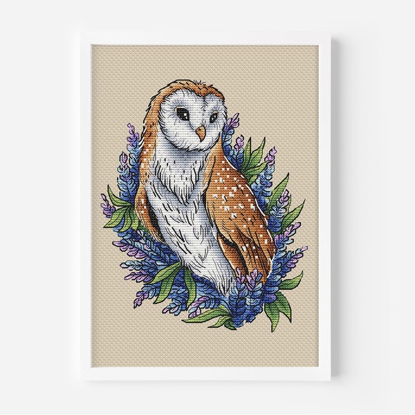 Owl Nestled Among Hyacinths Cross Stitch Pattern PDF, Barn Owl Counted Cross Stitch, Owl Hand Embroidery, Cozy DIY Design Digital File PDF