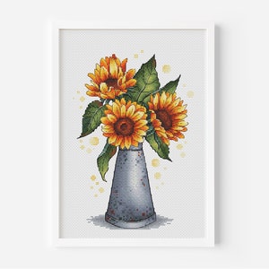 Sunflower Cross Stitch Pattern PDF, Flower Bouquet Embroidery, Metal Vase Cross Stitch, Cute Home Decor, Instant Download Digital Design