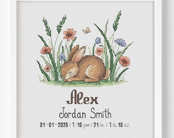 May include: Cross-stitch artwork in a white frame. A brown rabbit rests in a field of flowers and grass. The name "Alex" and "Jordan Smith" are below the image, along with the date, time, and measurements: 21 inches and 1 lb. 10 oz.