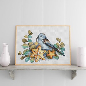 May include: A blue bird with brown wings sits on two star-shaped cookies. The bird is holding a small star in its beak. The cookies and bird are surrounded by green leaves.