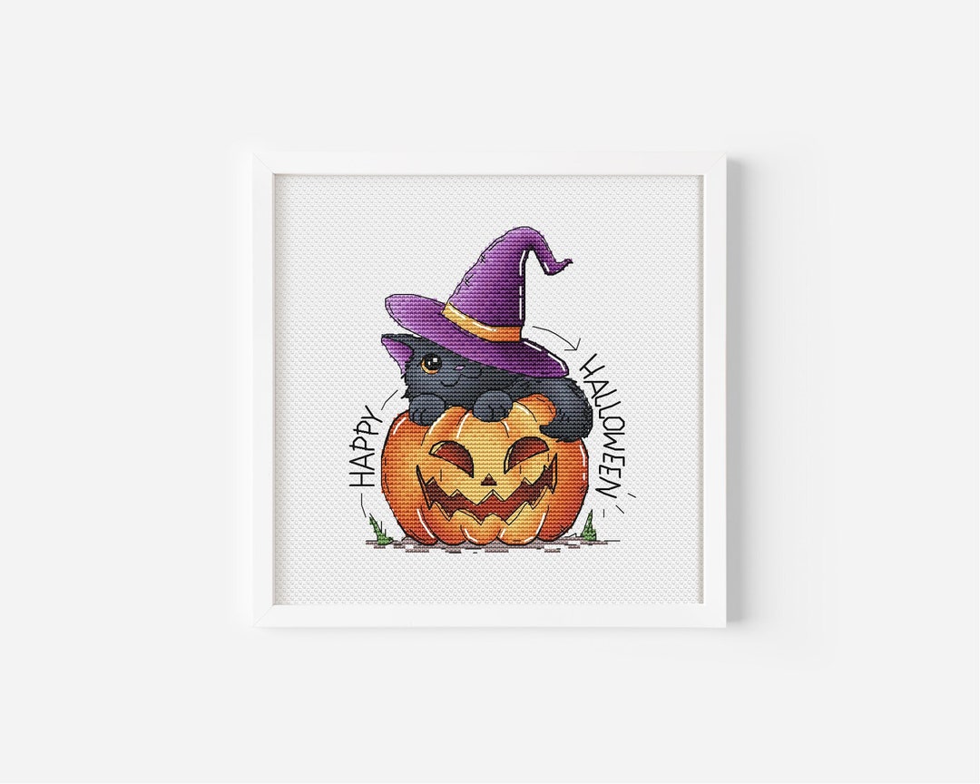 Halloween Black Cat and Pumpkin Cross Stitch Pattern Jack-o-lantern PDF ...