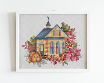 Fall House Cross Stitch Pattern PDF, Cozy Autumn House Counted Cross Stitch, Leaves Embroidery Pattern, DIY Home Fall Decor Instant Download