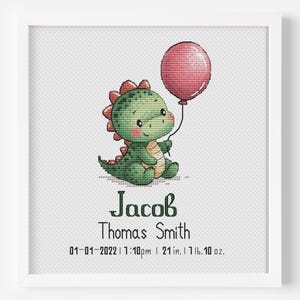 Personalized Name & Metrics Dinosaur Birth Stats Cross Stitch Pattern PDF Little Baby Dino's Arrival Birthdate Weight Length Grow with Dino