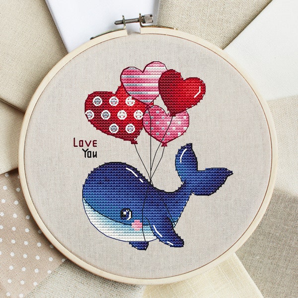 Whale Cross Stitch Pattern PDF, Instant Download, Love Counted Cross Stitch, Valentine's Day Cross Stitch, Balloon Cross Stitch, Funny Gift