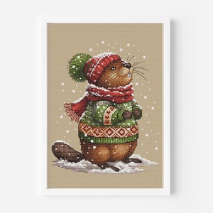 Lumberjack Beaver Cross Stitch Pattern, Christmas Woodland Animal Hand Embroidery DMC Chart Printable PDF Instant Download Green Pompom