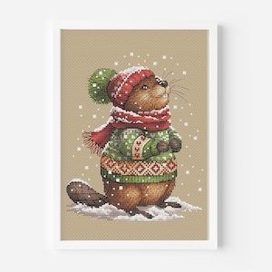 Houthakker bever kruissteekpatroon, kerst bos dieren handborduurwerk DMC grafiek afdrukbare pdf Instant download groene pompon