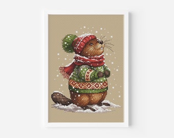 Lumberjack Beaver Cross Stitch Pattern, Christmas Woodland Animal Hand Embroidery DMC Chart Printable PDF Instant Download Green Pompom