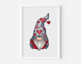 Valentine Gnome Cross Stitch Pattern PDF, Gnome Counted Cross Stitch, Love Cross Stitch, Instant Download, Cute Gnome Valentine Day Decor