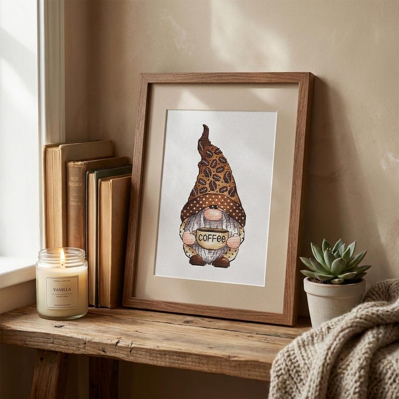 Coffee Lover Gnome Cross Stitch, Coffee Beans Hat Hand Embroidery, Coffee Lover Gift Tapestry, Digital File, Instant Download PDF Pattern image 8