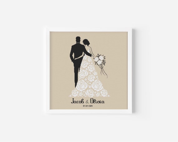 Personalized Wedding Couple Silhouette Cross Stitch Pattern, Customizable Bride & Groom Design, Custom Names and Date Romantic Anniversary