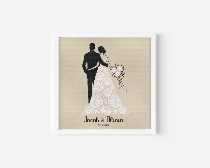 May include: A black and white silhouette of a bride and groom with the bride's dress made of white roses. The text "Jacob & Olivia 01/01/2024" is below the couple.