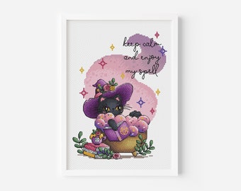 Halloween Cat Cross Stitch Pattern Instant Download PDF, Witch Black Cat and Spellbook Design, Witchy Kitty Pattern for DIY Halloween Gifts