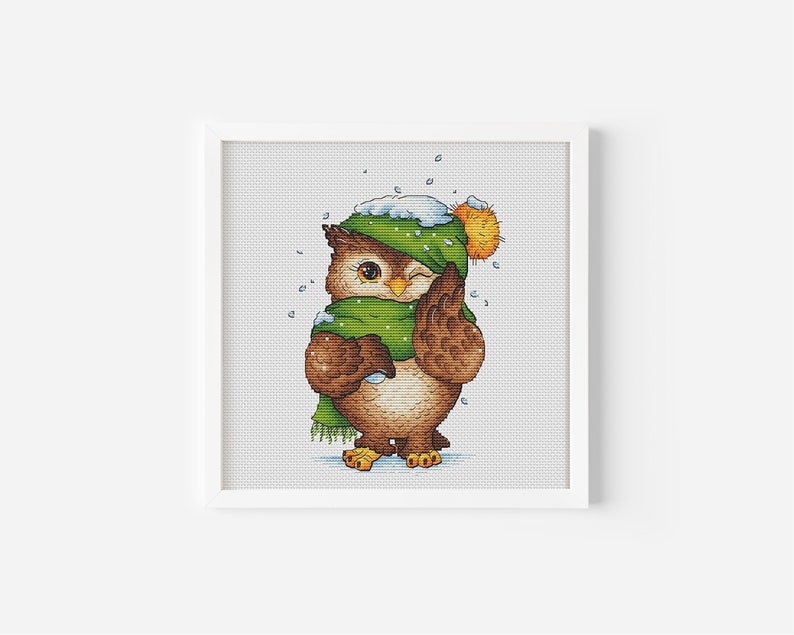 Cozy Owl in Winter Wonderland, Bird Cross Stitch Pattern, Christmas Hand Embroidery, Cute Owlet Winter Decor Digital Design Digital PDF File image 1