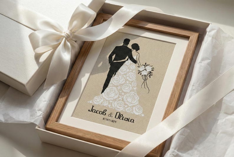 Personalized Wedding Couple Silhouette Cross Stitch Pattern, Customizable Bride & Groom Design, Custom Names and Date Romantic Anniversary image 8
