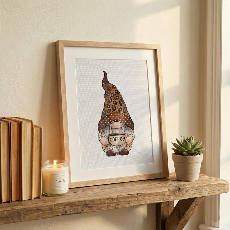 Coffee Lover Gnome Cross Stitch, Coffee Beans Hat Hand Embroidery, Coffee Lover Gift Tapestry, Digital File, Instant Download PDF Pattern image 7
