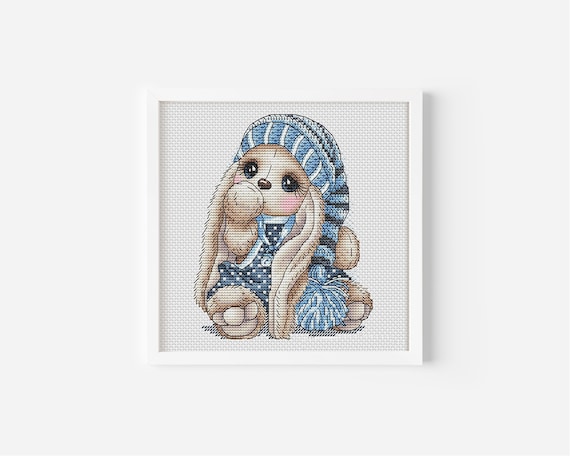 Gnome Bunny Boy Cross Stitch Pattern, Baby Boy Bunny Nursery Counted Cross Stitch, Gnome Rabbit Hand Embroidery Design PDF Digital File