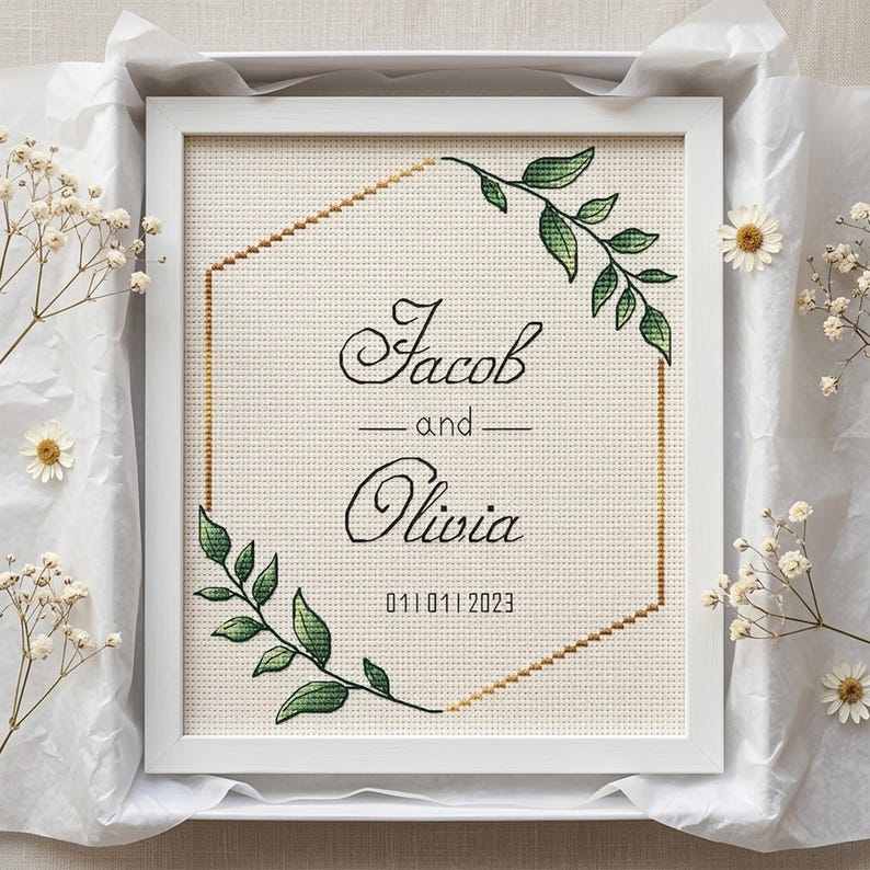 Wedding Cross Stitch Pattern, Personalized Modern Counted Cross Stitch, Wedding Anniversary Sampler, Engagement Gift, Digital Download PDF image 5