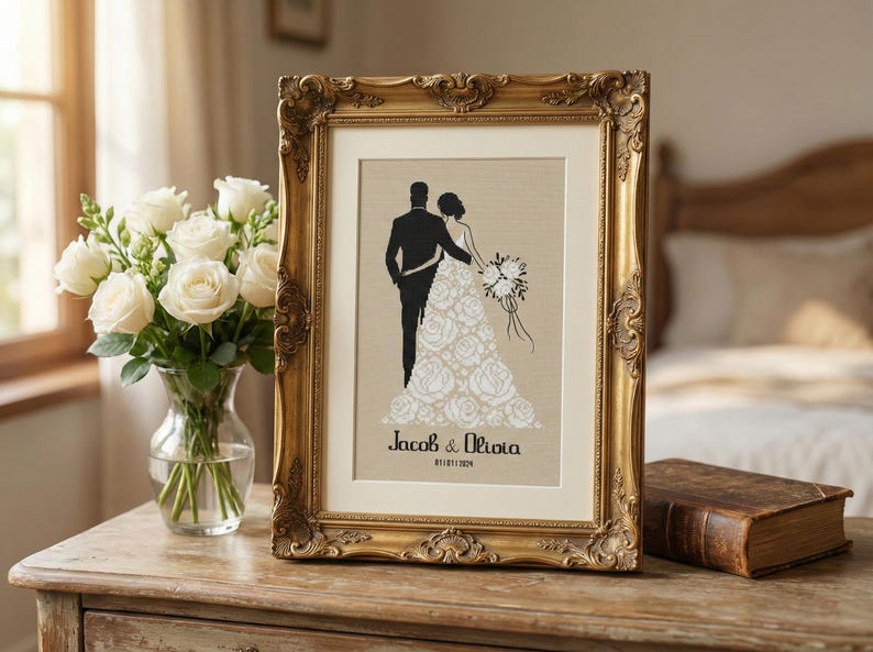 Personalized Wedding Couple Silhouette Cross Stitch Pattern, Customizable Bride & Groom Design, Custom Names and Date Romantic Anniversary image 9