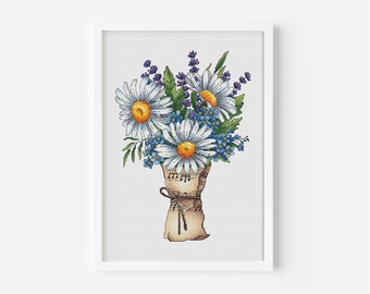 Daisies Cross Stitch Pattern PDF, Flowers Counted Cross Stitch, Floral Bouquet Embroidery Design, Cozy Hoop Art, Music Paper Envelope