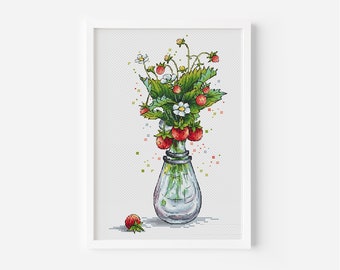 Strawberry Cross Stitch Pattern PDF, Berries Counted Cross Stitch, Cute Summer Flowers Bouquet Embroidery Design Digital File, Funny Gift