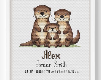 Otter Family Birth Announcement Cross Stitch Pattern Personalized Baby Stats PDF Instant Download
