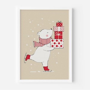 Polar Bear Cross Stitch Pattern PDF, Christmas Decoration Hand Embroidery Digital Design, Winter Decor, Animal Beginner Needlepoint