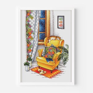 Yellow Armchair with Sleepy Cat Cross Stitch Pattern PDF, Cozy Hand Embroidery Design Digital File, Christmas, Winter Cross Stitch Chart