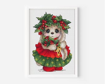 Patrón de punto de cruz navideño de conejito festivo con corona de acebo. Lindo conejo bordado a mano. Descarga instantánea. Archivo PDF digital. Regalo único.