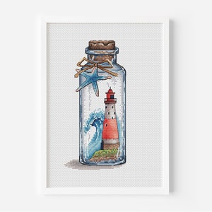 May include: A glass bottle with a cork stopper contains a miniature lighthouse, a blue wave, and a starfish. The bottle is on a white background.