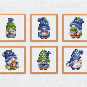 Garden Gnomes Set Cross Stitch Patterns PDF Blueberry Leprechaun Tapestry Funny Small Kawaii Fairy Embroidery Mini Dwarf Family Digital File