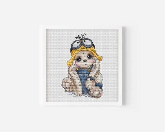Yellow Guy Hat Rabbit Cross Stitch, Cartoon Bunny Cross Stitch, Cute Animal Cross Stitch, Newborn Baby Gift, Instant Download Pattern PDF