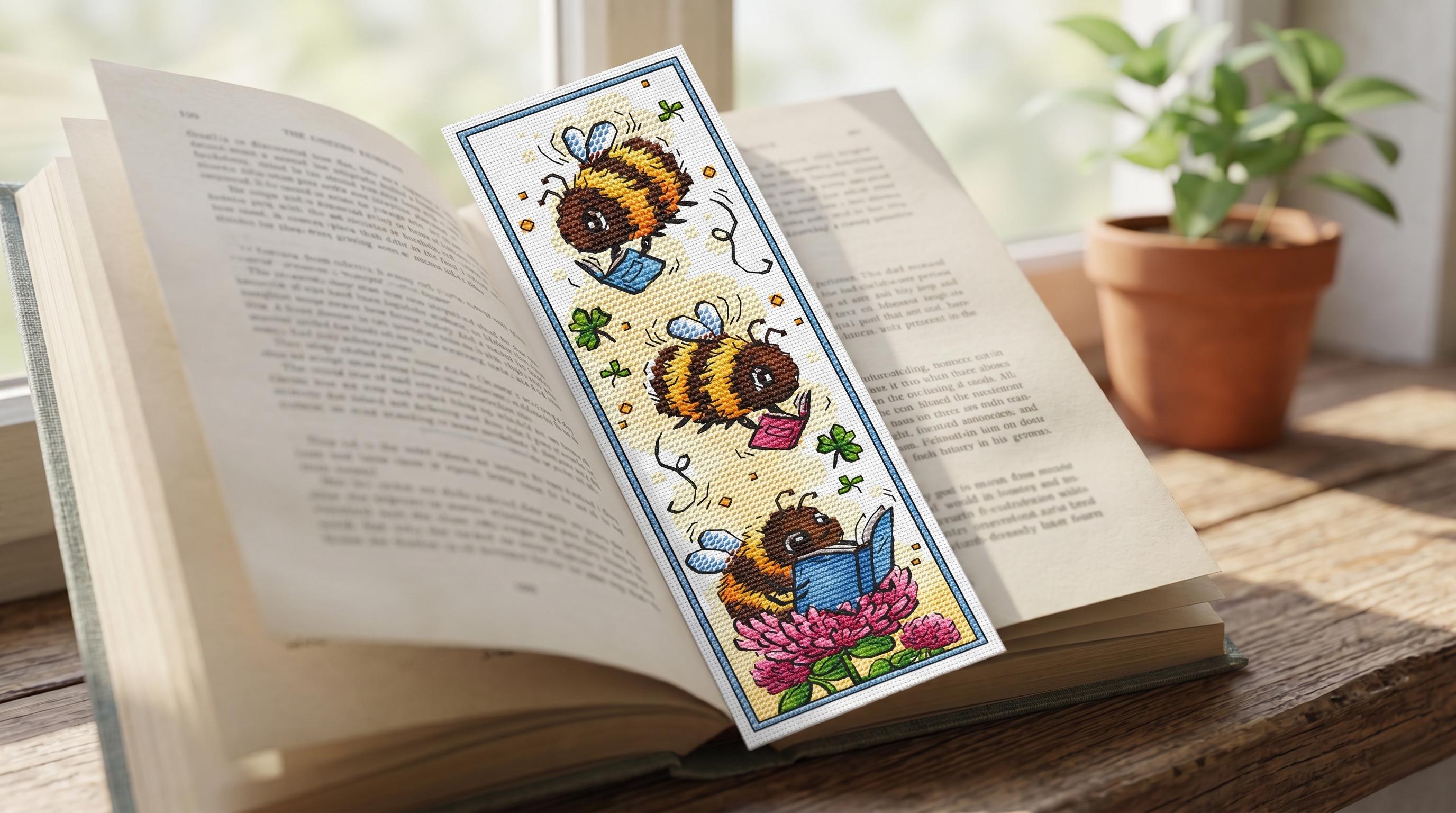 Reading Bees Cross Stitch Bookmark Pattern PDF Funny Bumblebee Bookworm ...