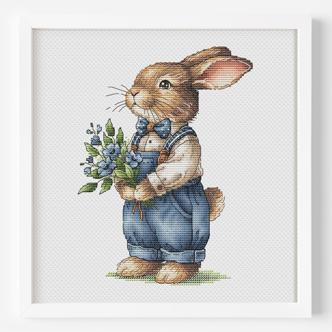 Rabbit Cross Stitch Pattern, Brown Bunny in Overalls With Blue Flowers ...