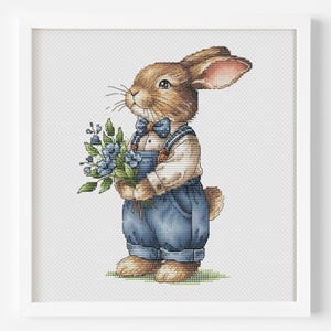 Rabbit Cross Stitch Pattern, Brown Bunny in Overalls with Blue Flowers Instant Download Detailed Design Spring Summer Decor PDF Digital File