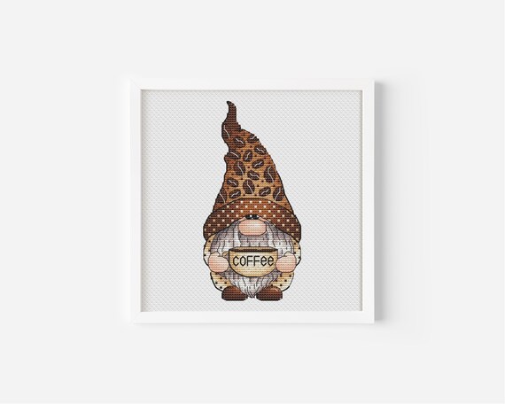 Coffee Lover Gnome Cross Stitch, Coffee Beans Hat Hand Embroidery, Coffee Lover Gift Tapestry, Digital File, Instant Download PDF Pattern