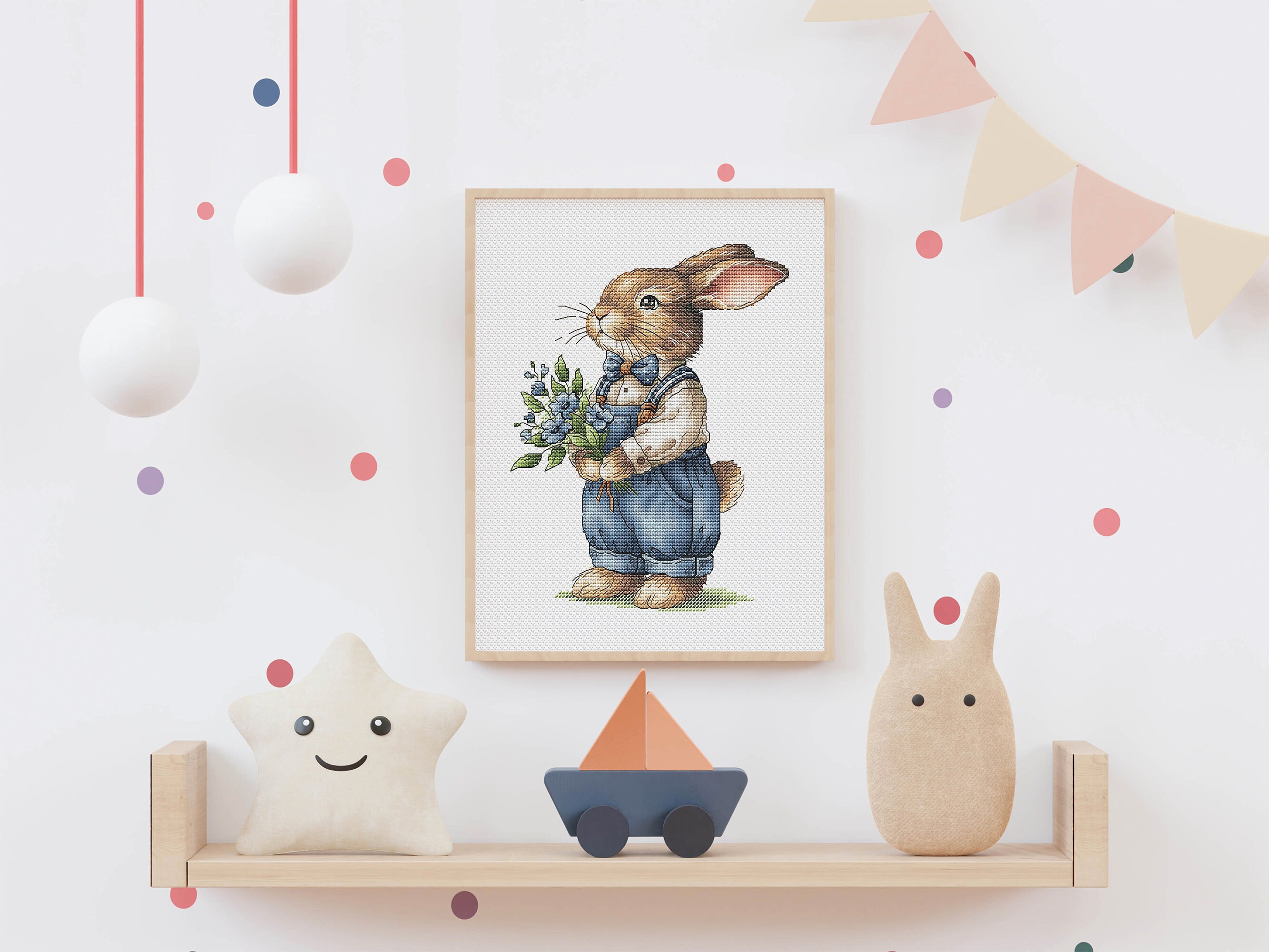 Rabbit Cross Stitch Pattern, Brown Bunny in Overalls With Blue Flowers ...