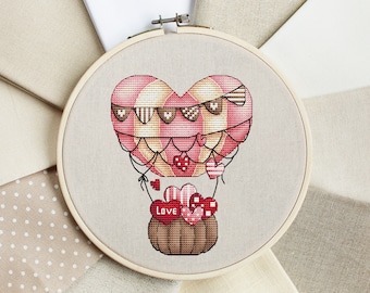 Balloon Cross Stitch Pattern PDF, Instant Download, Love Counted Cross Stitch, Heart Cross Stitch Pattern, Garland of Flags Cross Stitch