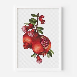 Pomegranate Branch Cross Stitch Pattern, Blooming Ruby Harvest Blossom, Red Fruit of Life, Digital File PDF Instant Download