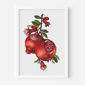 Pomegranate Cross Stitch Pattern, Artificial Pomegranate Branch with Foliage, Red Fruit Embroidery, Digital File PDF Instant Download