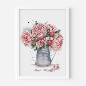 Pink Roses in Silver Watering Can Cross Stitch Pattern PDF, Handcrafted Flowers Hand Embroidery Digital File Instant Download