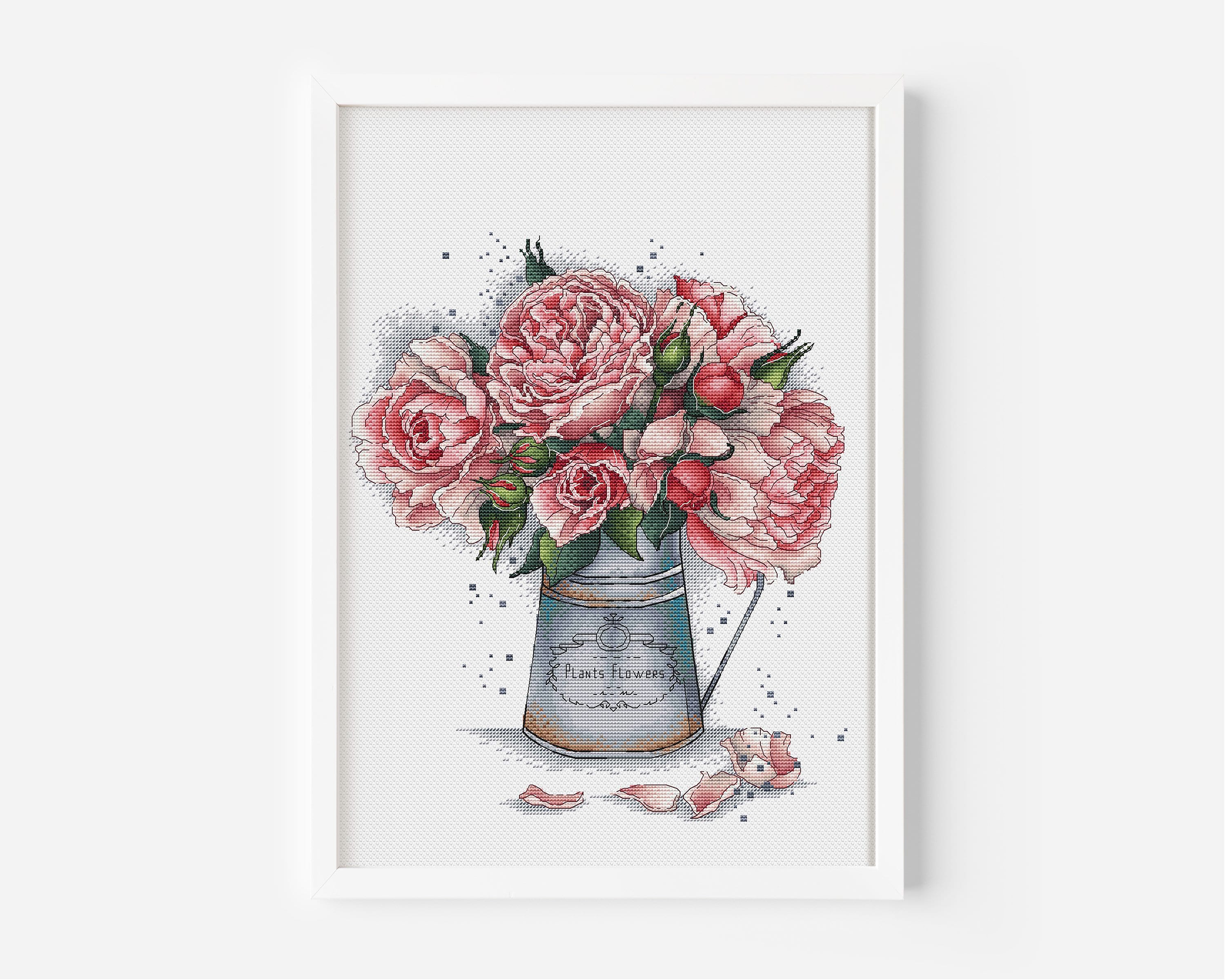 Pink Roses in Silver Watering Can Cross Stitch Pattern PDF
