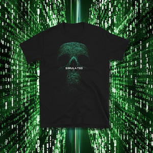 May include: Black t-shirt with a green skull graphic and the word "SIMULATED" printed below it. The skull is made up of green pixels.