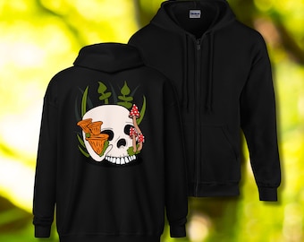 Bluza z kapturem i zamkiem błyskawicznym Mushroom Skull | Bluza z kapturem Nature Rebirth Gothic Botanical – Forest Witch Aesthetic