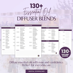 Puede incluir: Descarga digital con más de 130 mezclas de aceites esenciales para difusores. El diseño incluye categorías de mezclas como «Romance» y «Apoyo inmunológico», con recetas. El texto dice «Difunde aceites esenciales con facilidad y confianza».